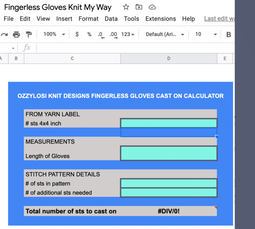 Fingerless Gloves knit my way, google sheets calculator