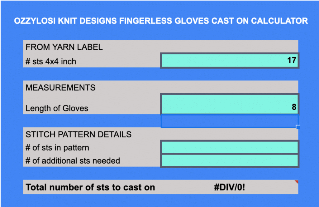 Fingerless Gloves knit my way, google sheets calculator