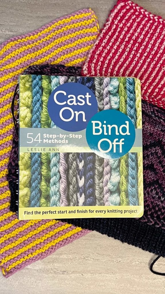 Several swatches showing different cast-on knit projects and the book cast-on, bind-off