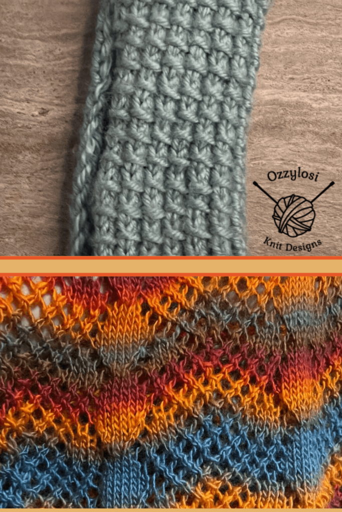 A headband knit using bamboo stitch and a cowl knit with a lace pattern