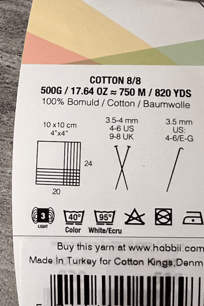 Sample yarn label with knitting needle sizes