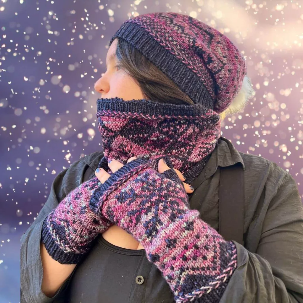 knit pattern set of beanie, cowl & fingerless mitts