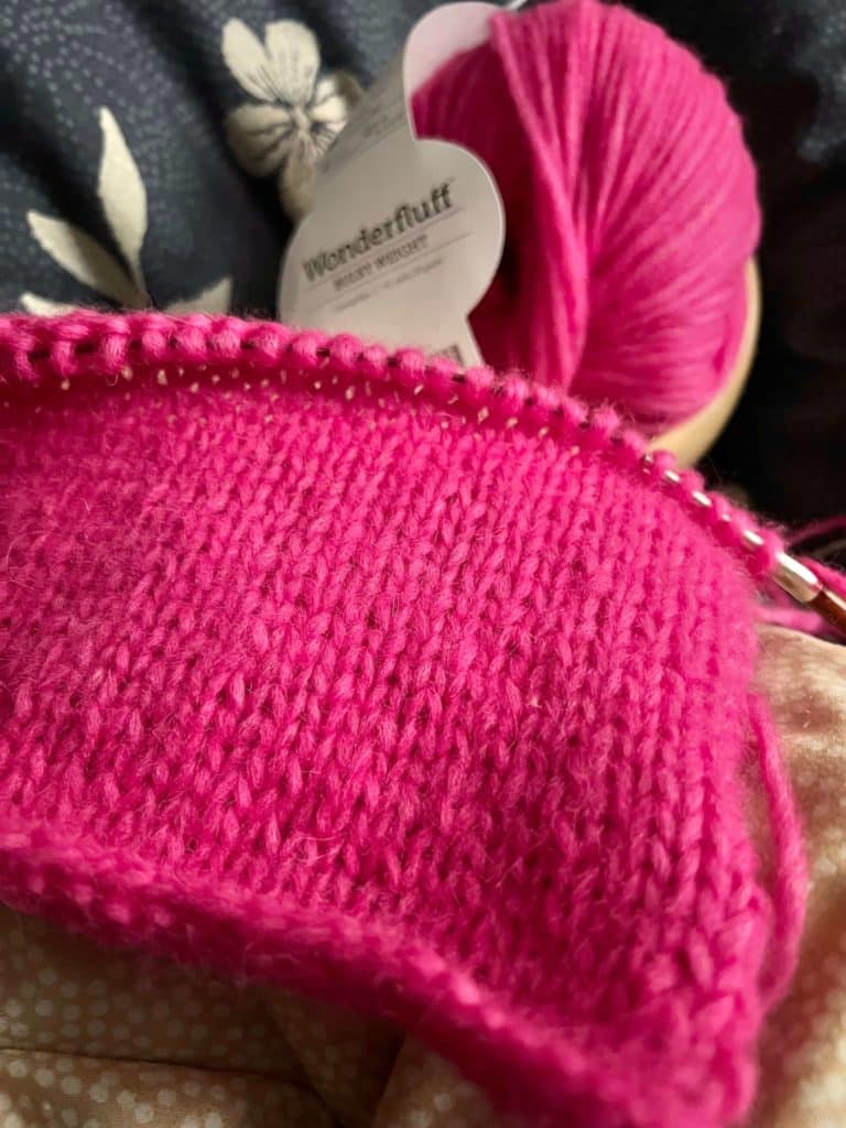 knitpicks wonderfluff yarn used in gauge swatch for muff knitting pattern

