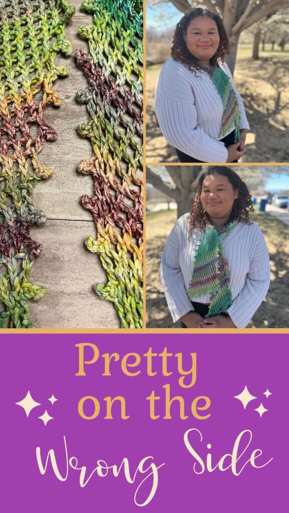 Pretty on the Wrong Side Scarf showing details and worn by a model. 