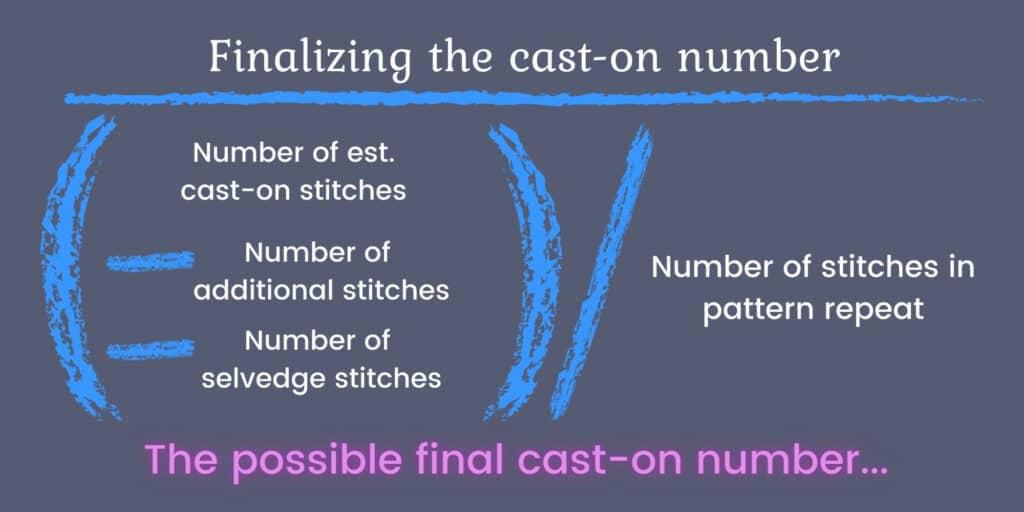 Knitting without a pattern math estimating the stitch cast-on number. Number of estimated cast-on stitches minus the number of additional stitches required by the stitch pattern minus the number of stitches you want for your selvedge edge. Divide that total by the number of stitches in your pattern repeat = the possible final cast-on number. 